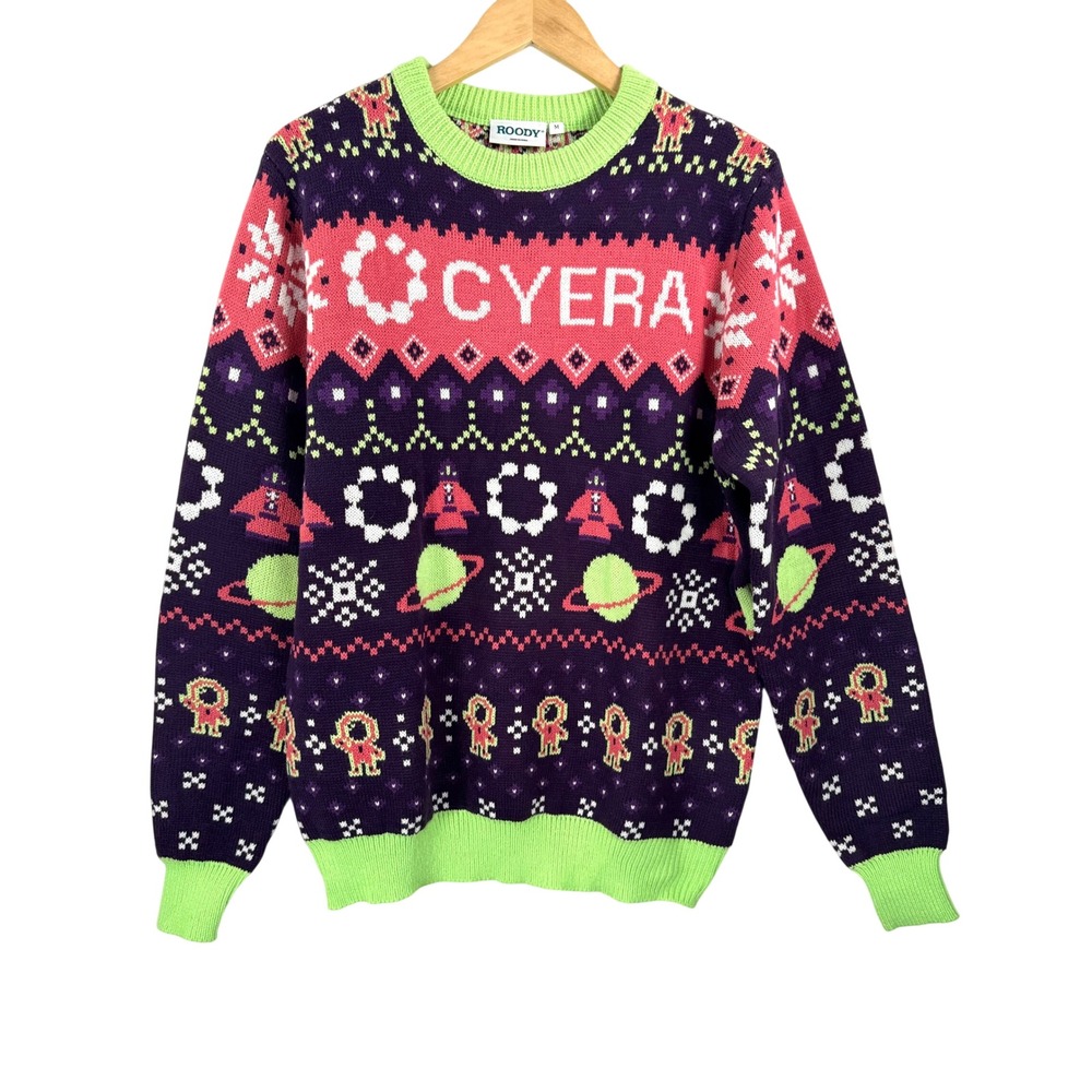 Roody Cyera Sweater sz M Purple Space Astronaut Fair Isle Knit Christmas